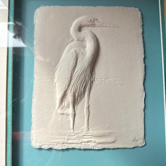 Framed Caste Paper Sculpture Great Blue Heron Signed - Picture 7 of 13